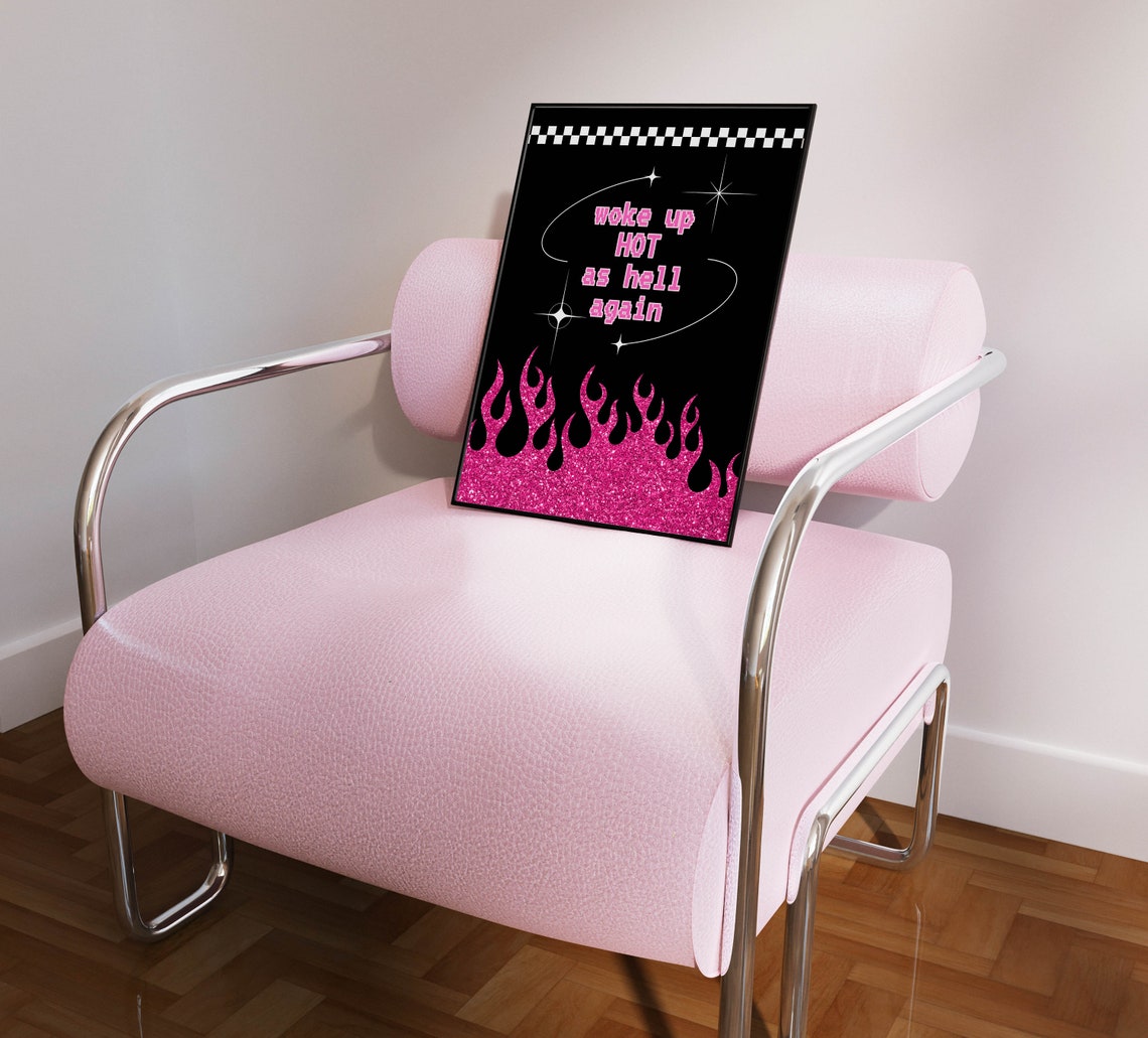 Woke Up Hot as Hell Again Pink Glitter Flame Y2K Funny Quote Poster - Image 2