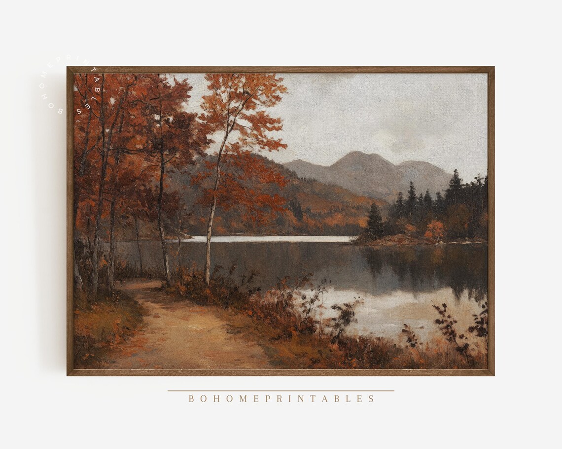 Autumn Lake And Mountain Landscape In Vintage Painting Style Art Print