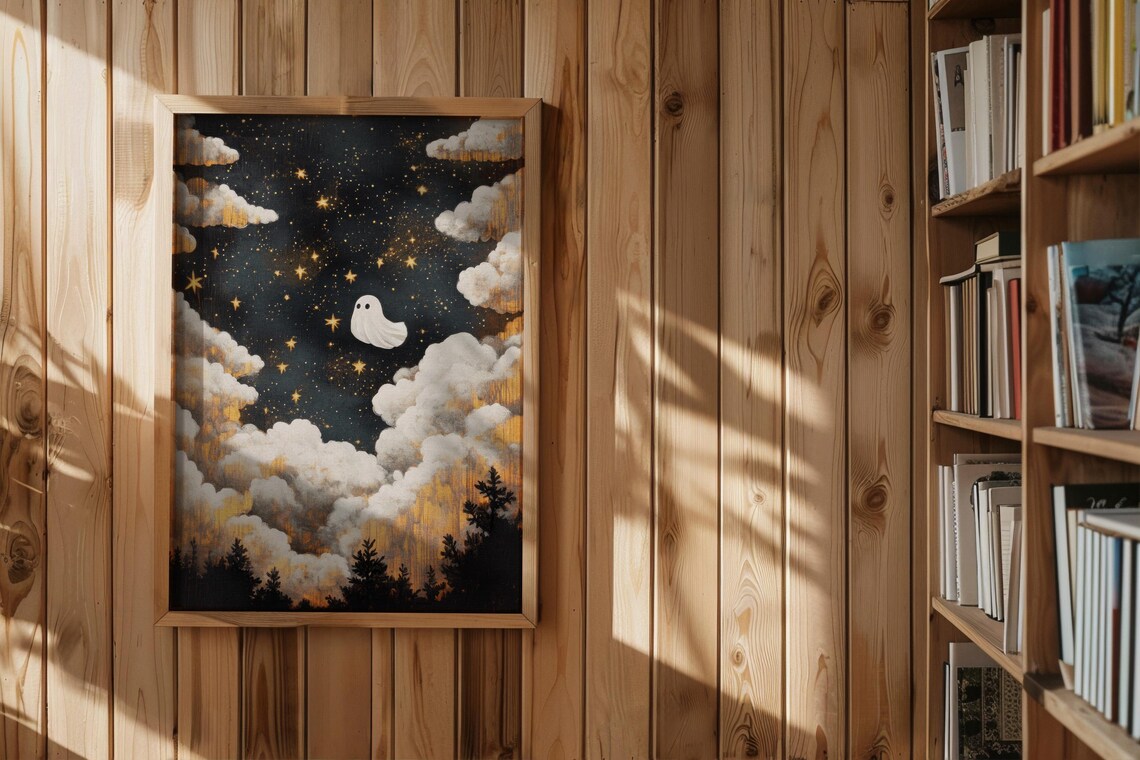 Ghost Among Stars Over Pine Forest At Night Spooky Halloween Poster - Image 2