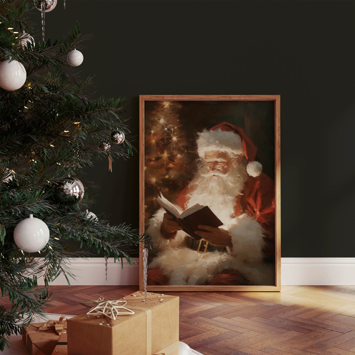 Retro Santa Claus Reading Farmhouse Christmas Print Retro Christmas Holiday Decor Living Room Art Vintage Christmas Oil Painting Book Art - Image 2