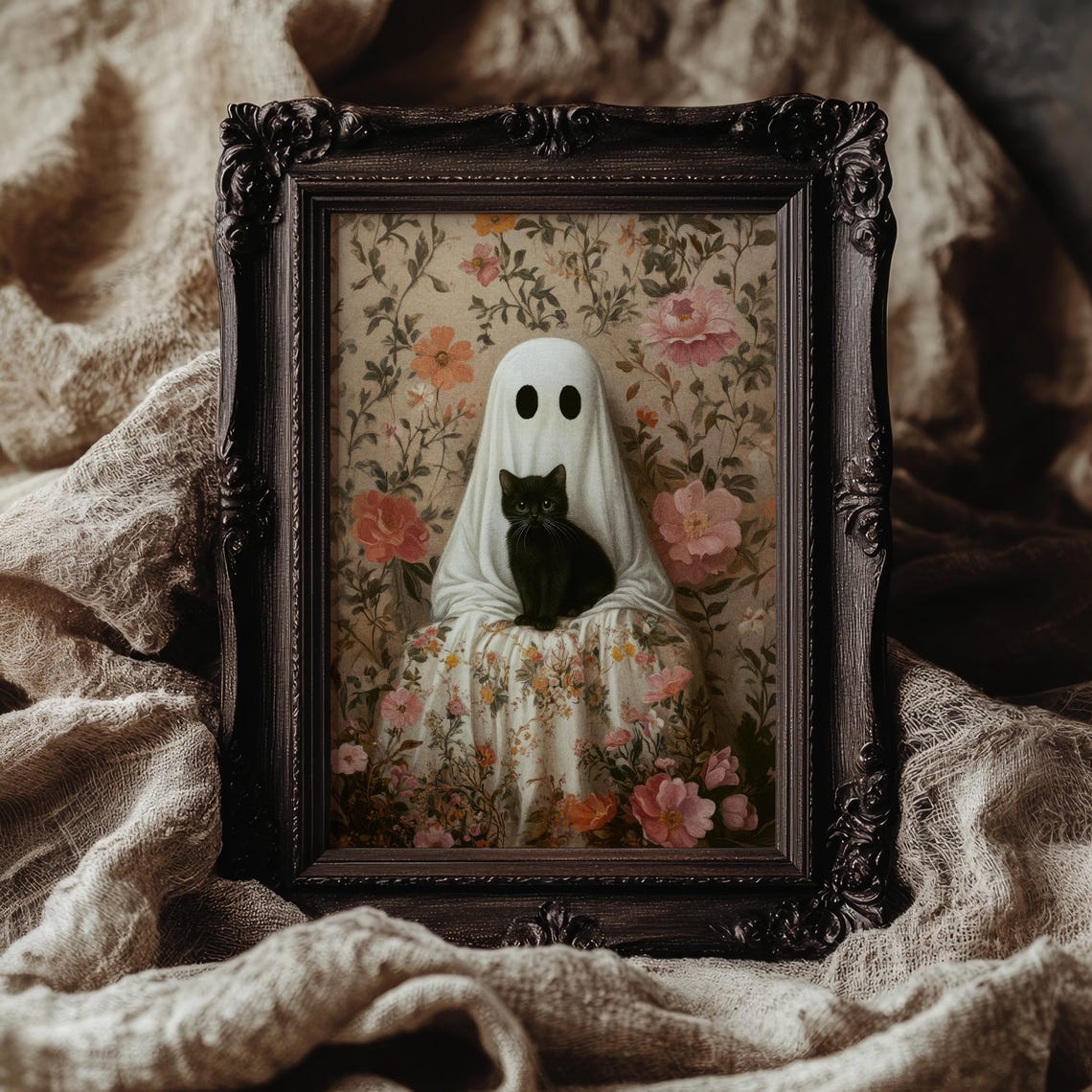 Vintage Ghost Black Cat Floral Spooky Cute Halloween Art Poster