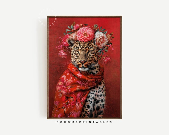 Leopard Wearing Floral Scarf Flower Crown Red Background Animal Wall Art
