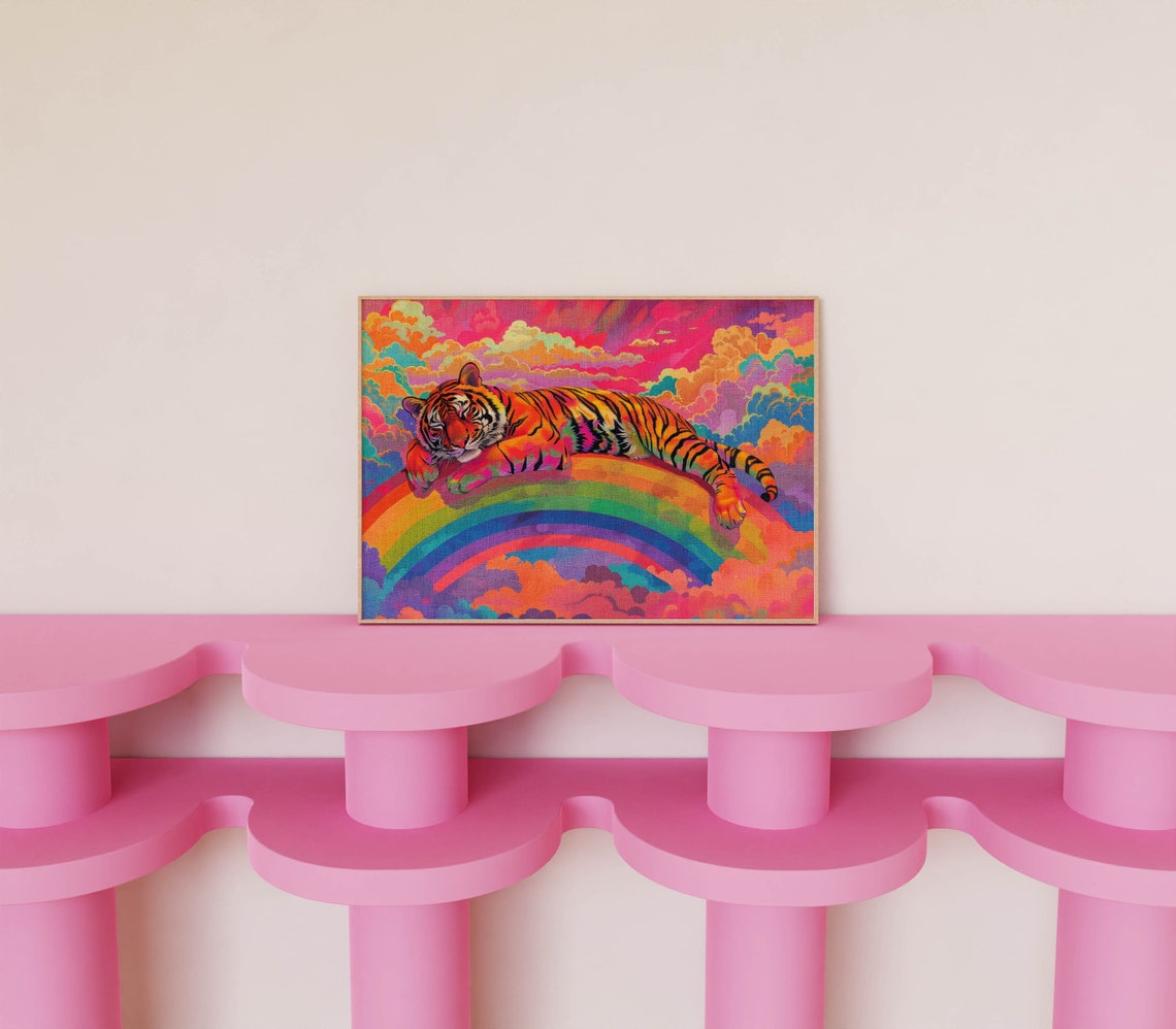Neon Psychedelic Tiger Rainbow Maximalist Wild Trippy Funky Poster - Image 2