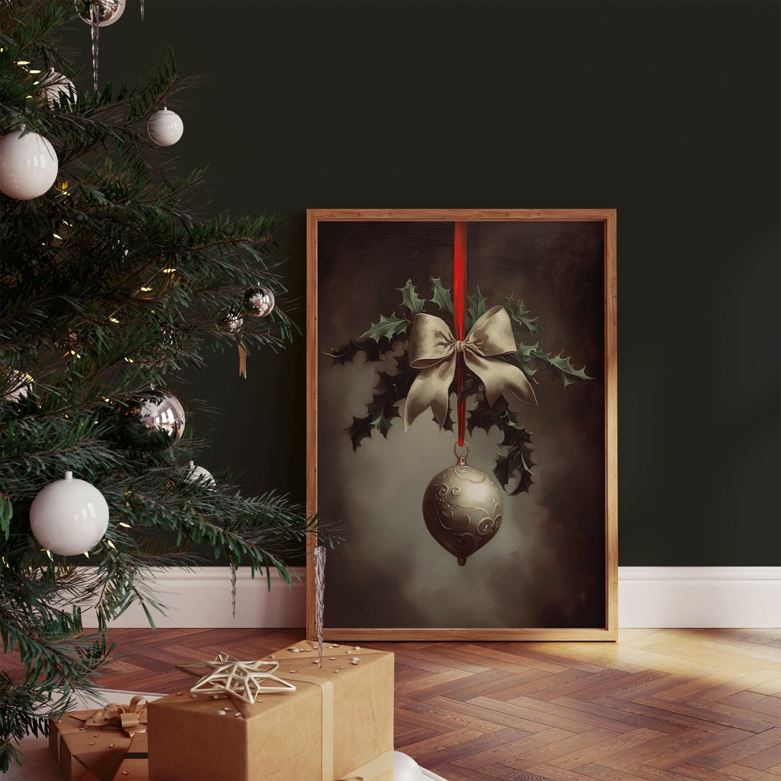 Vintage Silver Christmas Ornament Holly With Red Ribbon Poster - Image 2