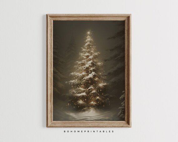 Snow Covered Glowing Christmas Tree in a Dark Moody Winter Forest Poster
