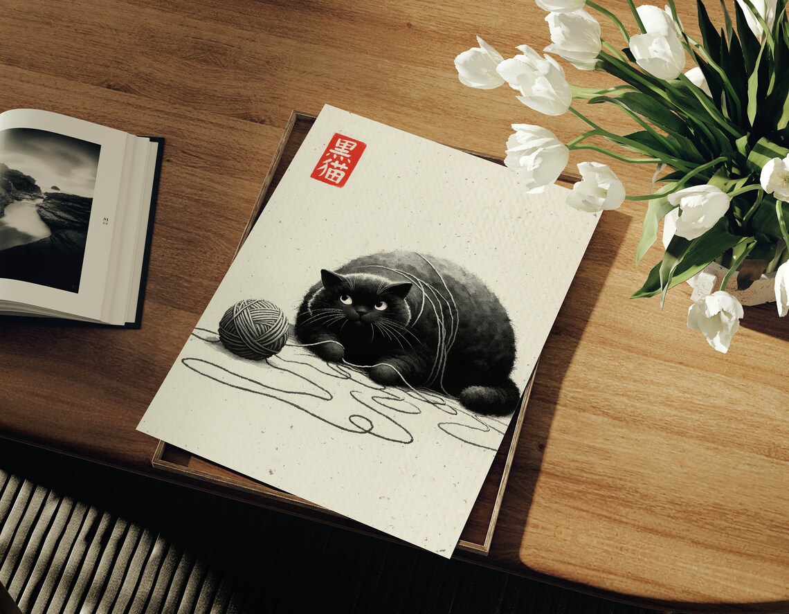 Japanese Chubby Black Cat Tangled in Yarn Ink Painting Wall Art - Image 2