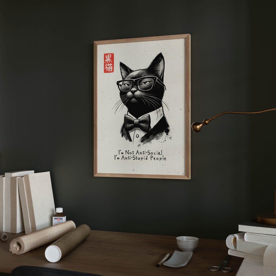 Anti Social Black Cat Suit Quote Funny Japanese Cat Humor Print - Image 2