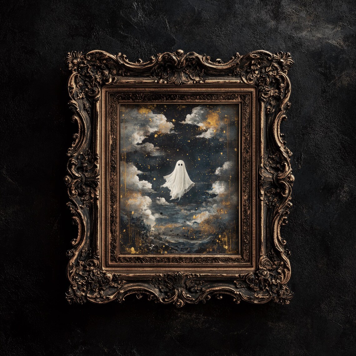 Cute Ghost In Starry Night Clouds Dark Vintage Ornate Frame Halloween Poster