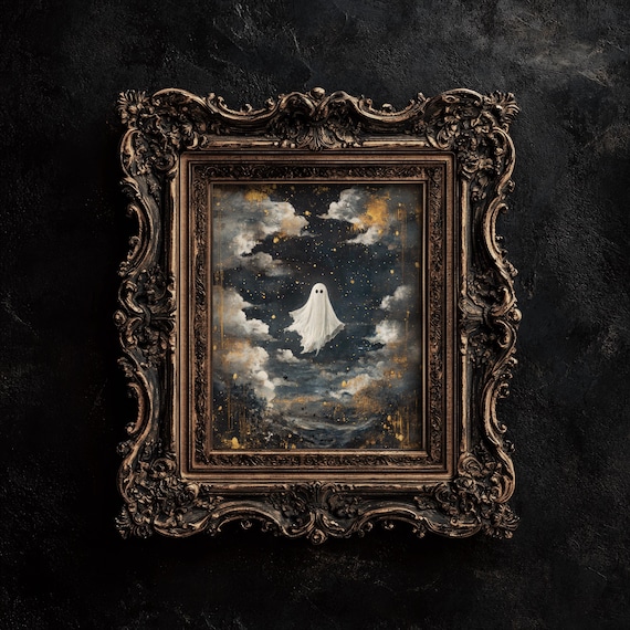 Cute Ghost In Starry Night Clouds Dark Vintage Ornate Frame Halloween Poster