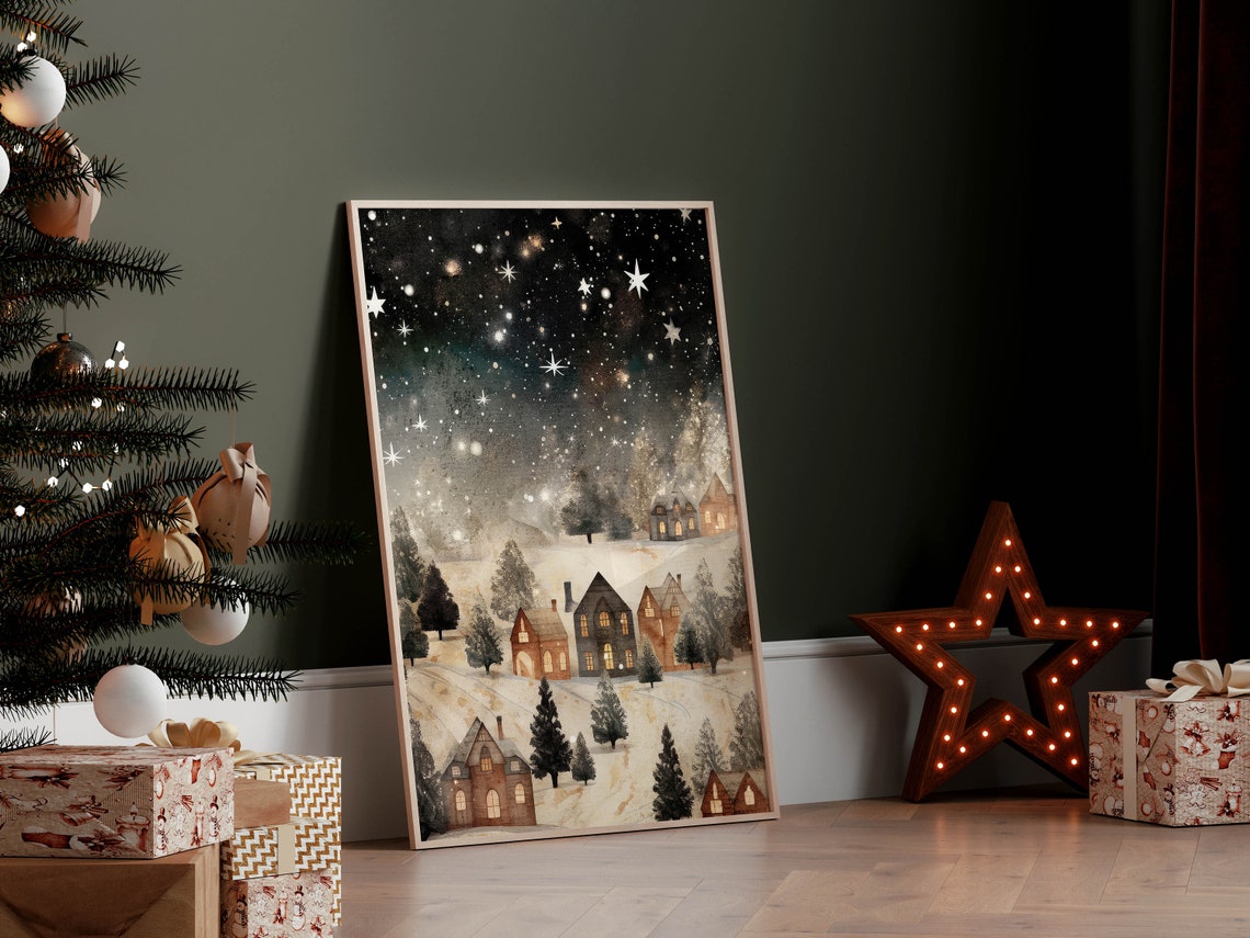 Snowy Christmas Village Under a Starry Night Sky Vintage Art Poster