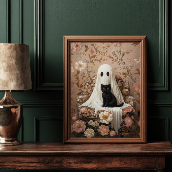 Cute Ghost with Black Cat on Floral Armchair Halloween Poster