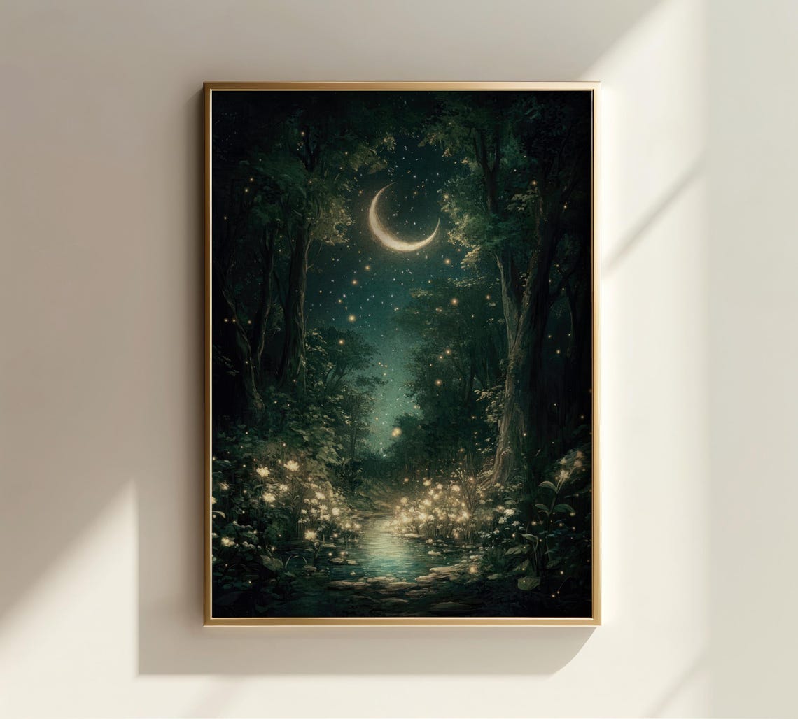 Moonlit Forest Fireflies Crescent Moon Painting Night Poster