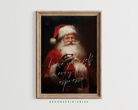 Retro Santa Clause Drinking Espresso Funny Christmas Vintage Coffee Print Vintage Christmas Kitchen Print Coffee Poster Christmas Wall Art