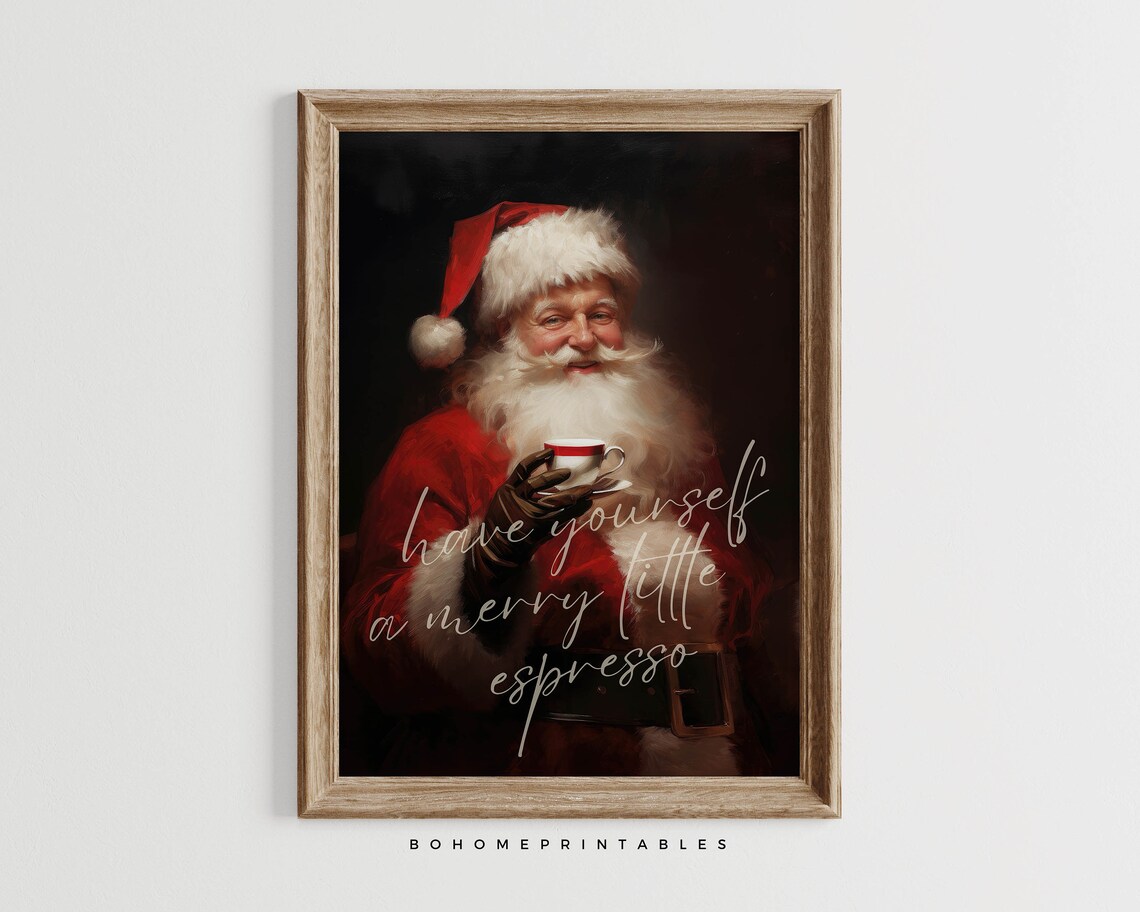 Retro Santa Claus Drinking Espresso Merry Little Quote Poster