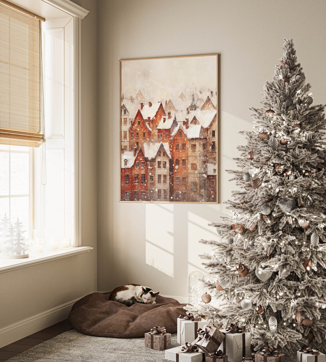 Snowy Red Rooftop Village Watercolor Winter European Christmas Poster - Image 2