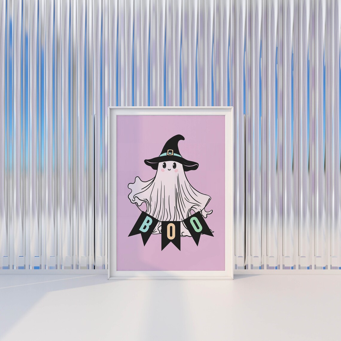 Cute Smiling Ghost in Witch Hat Holding BOO Banner Halloween Art Poster - Image 3