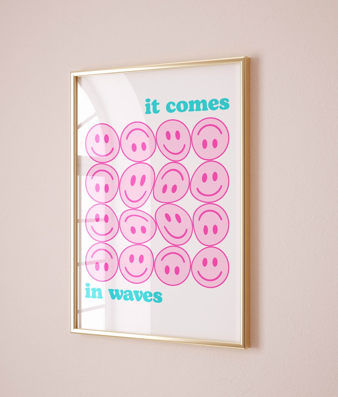 Pink Smiley Face Grid It Comes In Waves Positive Quote Wall Art - Image 2