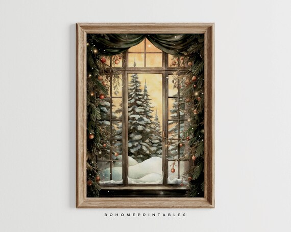 Tall Snowy Pines Seen Through a Christmas Window Painting Poster