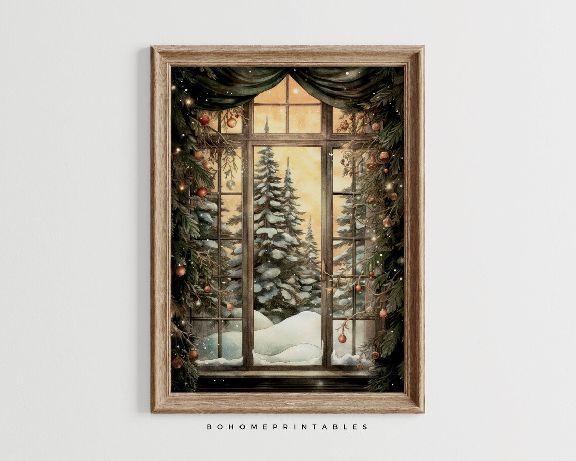 Tall Snowy Pines Seen Through a Christmas Window Painting Poster