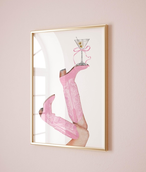 Pink Cowboy Boots With Martini Glass Coastal Cowgirl Wall Art