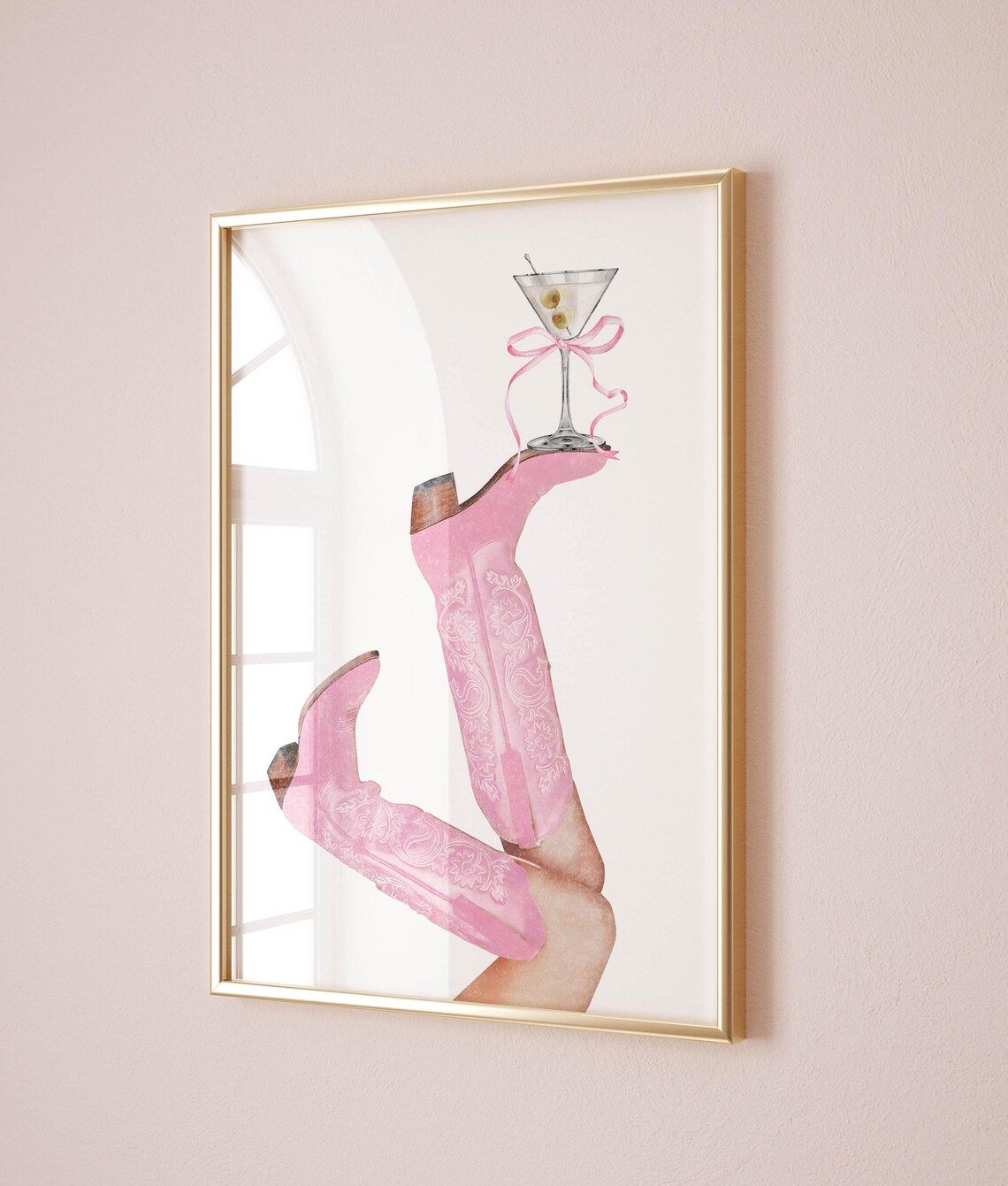 Pink Cowboy Boots With Martini Glass Coastal Cowgirl Wall Art