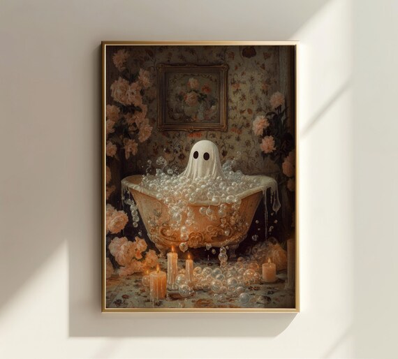 Ghost In Bubble Bath Vintage Bathroom Spooky Whimsical Art Print