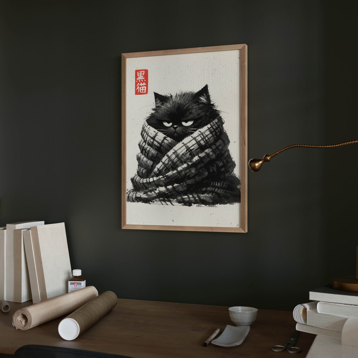 Grumpy Black Cat Wrapped Cozy in Blanket Japanese Ink Art Poster - Image 2