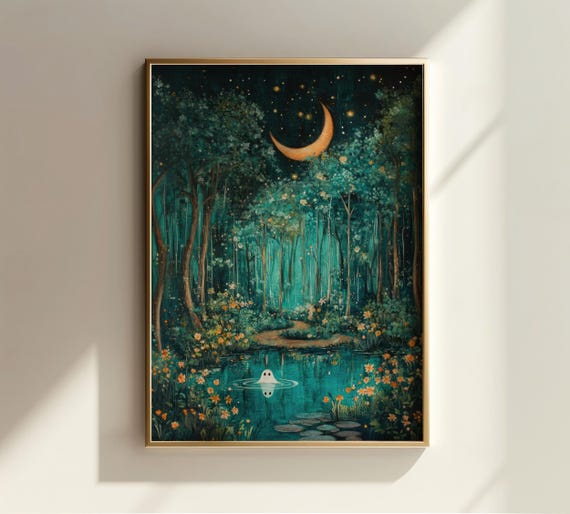 Cute Ghost Halloween Art Moody Landscape Print Whimsigoth Room Decor Ghost Wall Art Forest Painting Halloween Print Dark Cottagecore Decor