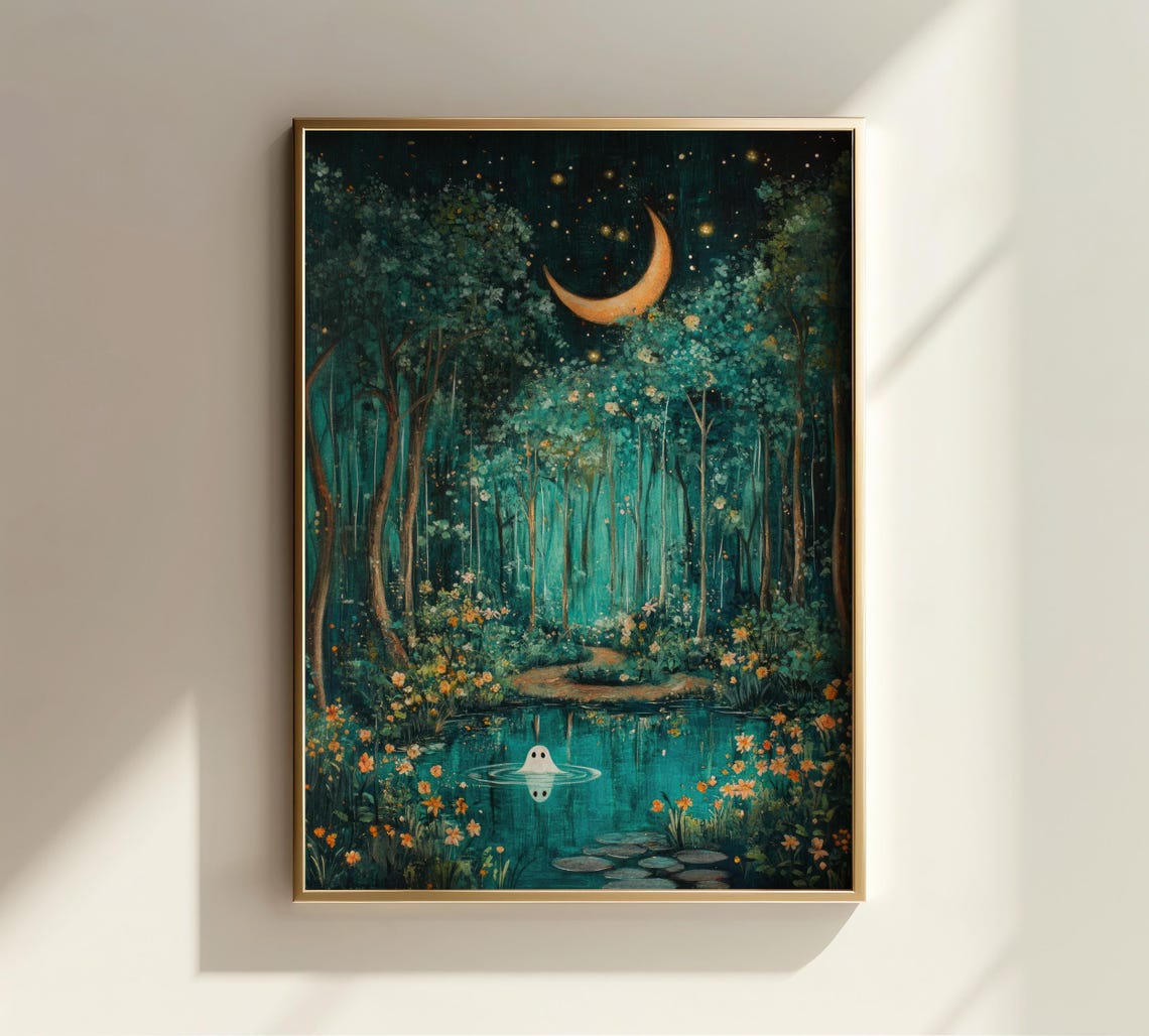 Cute Ghost Under Crescent Moonlight Forest Pond Whimsigoth Art Poster