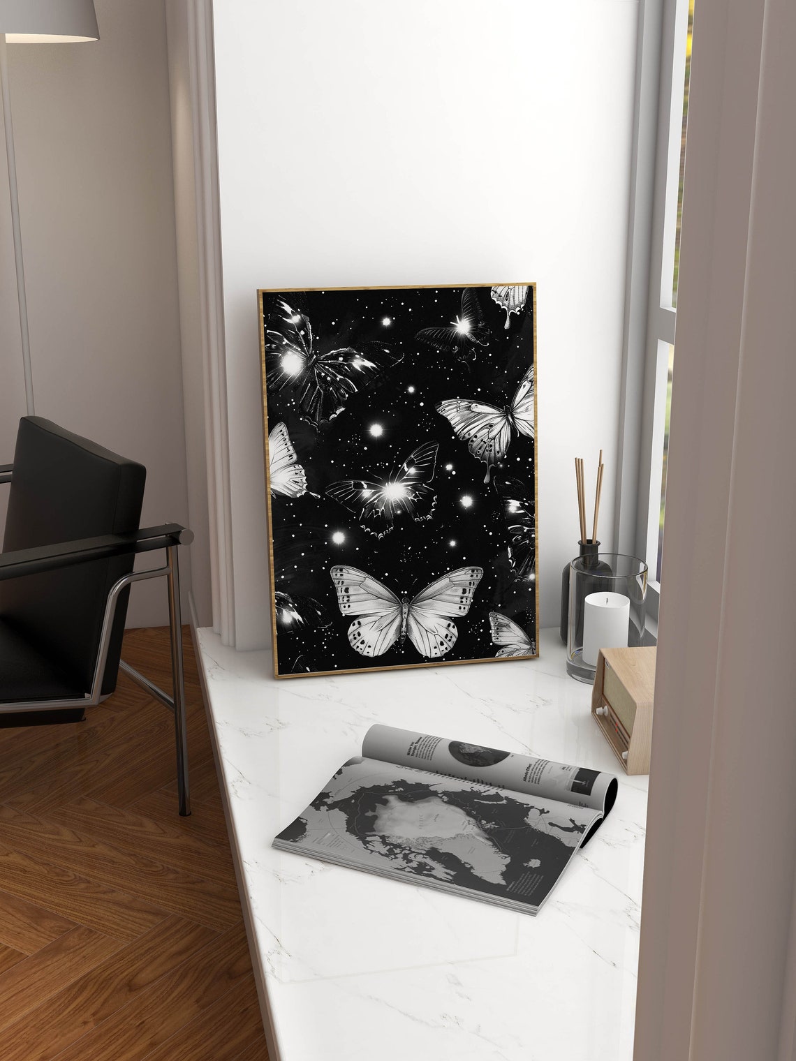 Black and White Night Butterflies on a Starry Sky Dark Moody Poster - Image 3