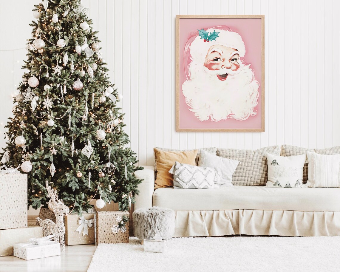 Pink Santa Claus 1950s Christmas Art Print - Image 2
