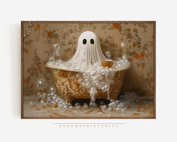Whimsical Ghost Bubble Bath With Tea Cup Vintage Halloween Poster