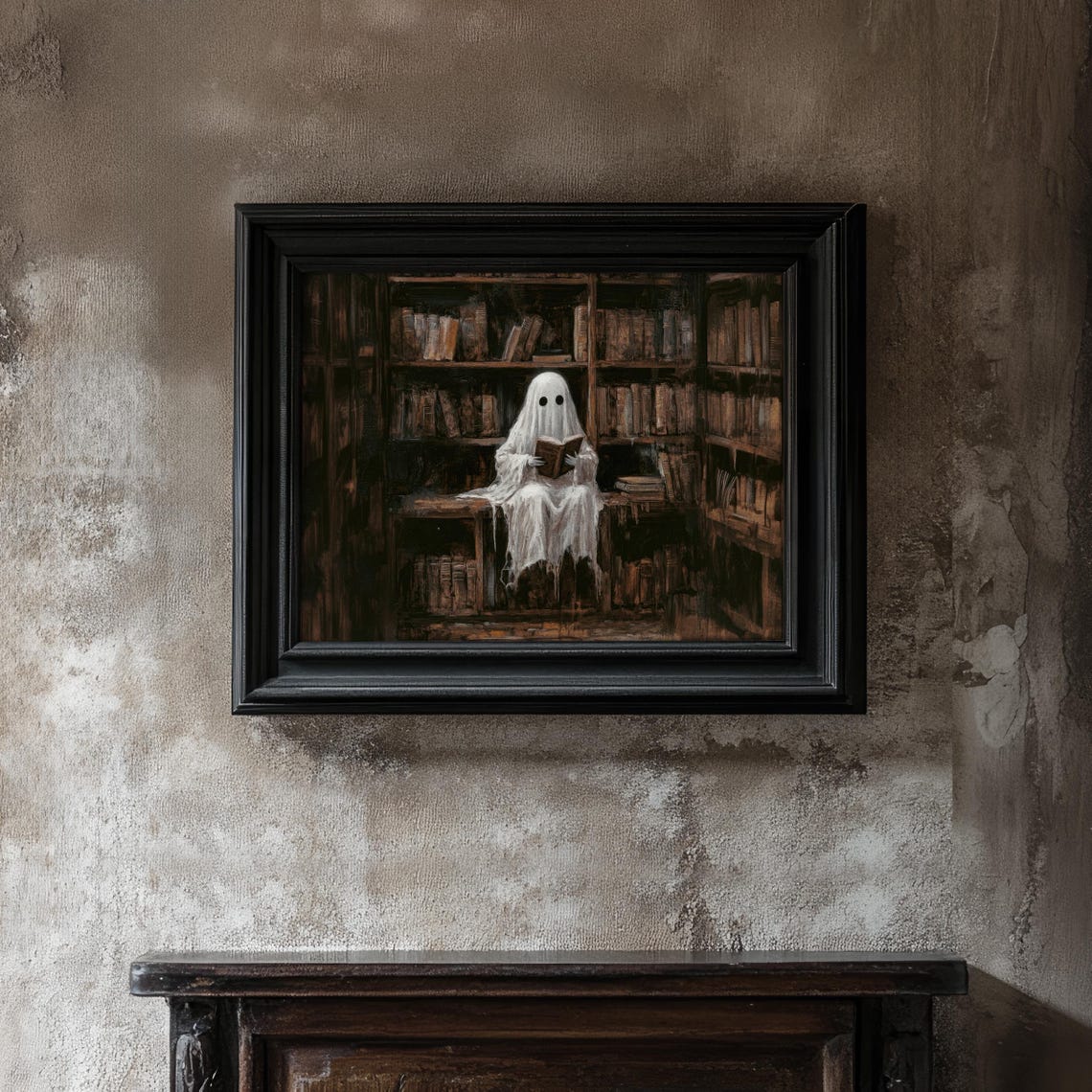 Cute Ghost Reading Book in Dark Library Vintage Art Wall Poster - Image 2