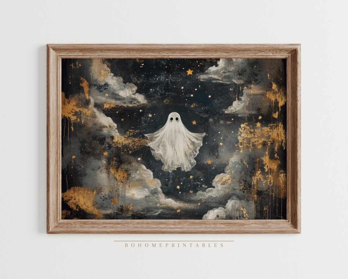 Cute Ghost In Golden Stormy Night Sky Clouds Spooky Halloween Poster - Image 2