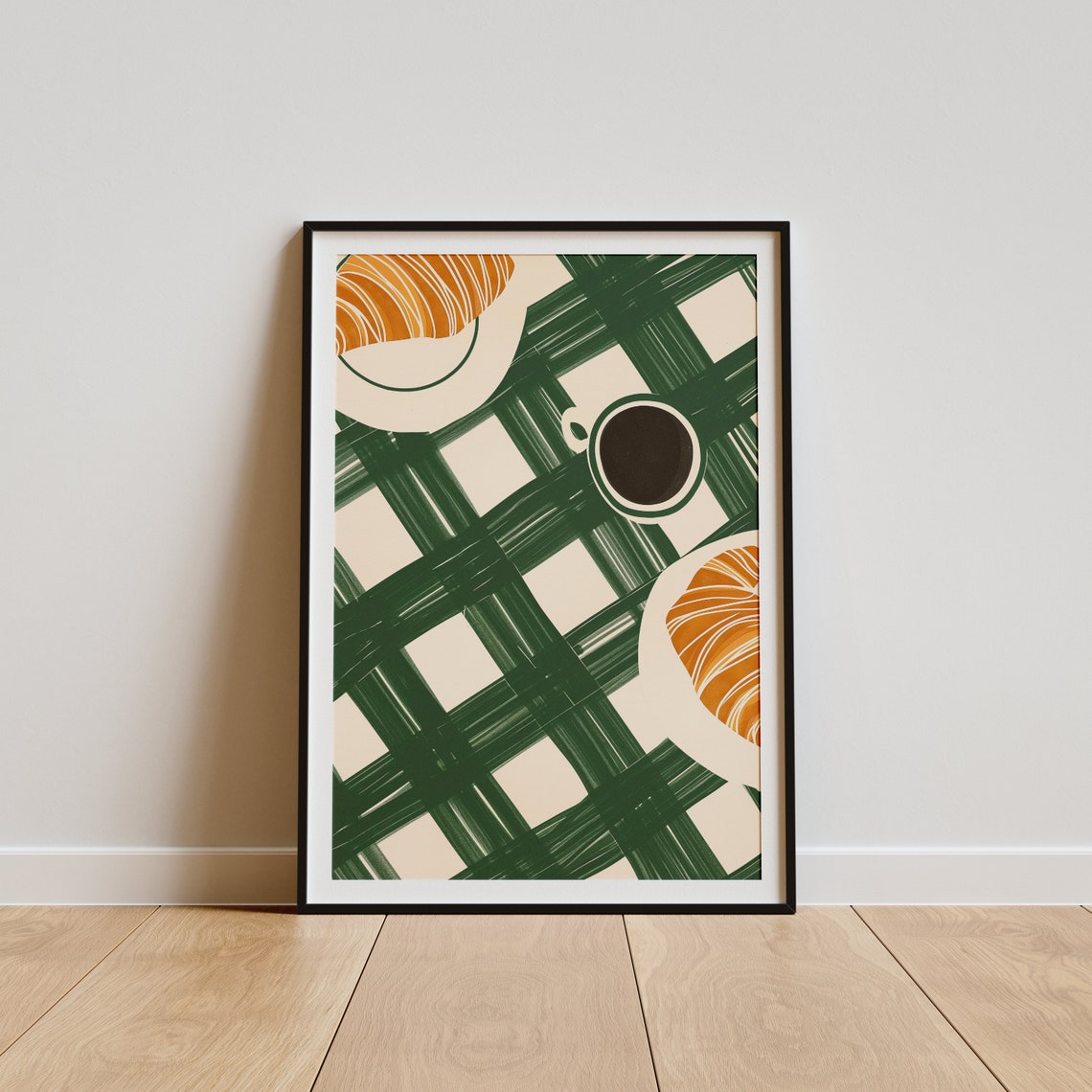 Coffee Croissant Top Down Green Checkered Tablecloth Cafe Poster - Image 4