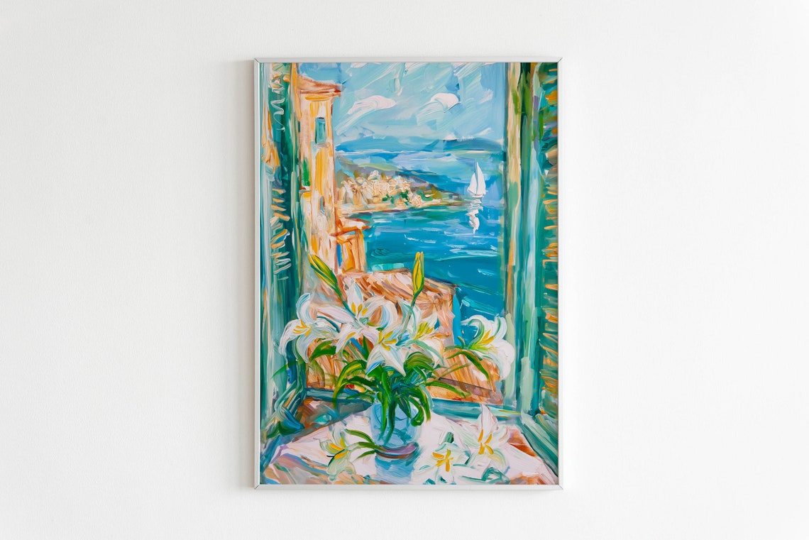 Henri Matisse Style White Lilies Vase Seaside Window View Poster
