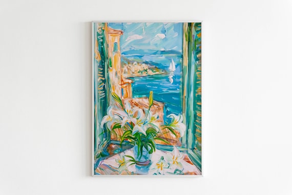 Henri Matisse Style White Lilies Vase Seaside Window View Poster