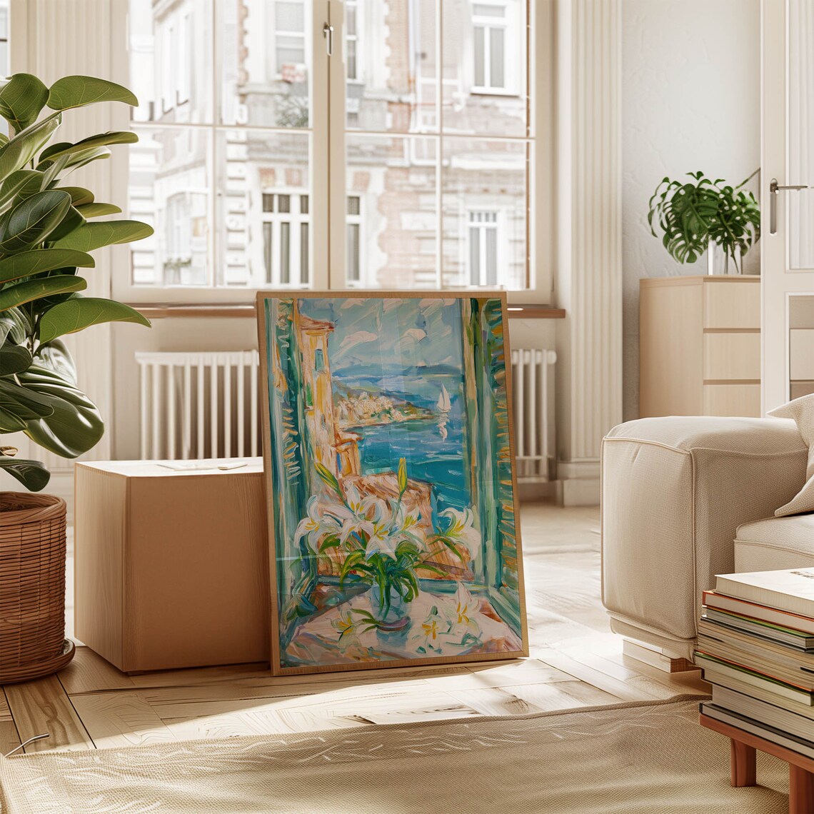 Henri Matisse Style White Lilies Vase Seaside Window View Poster - Image 5