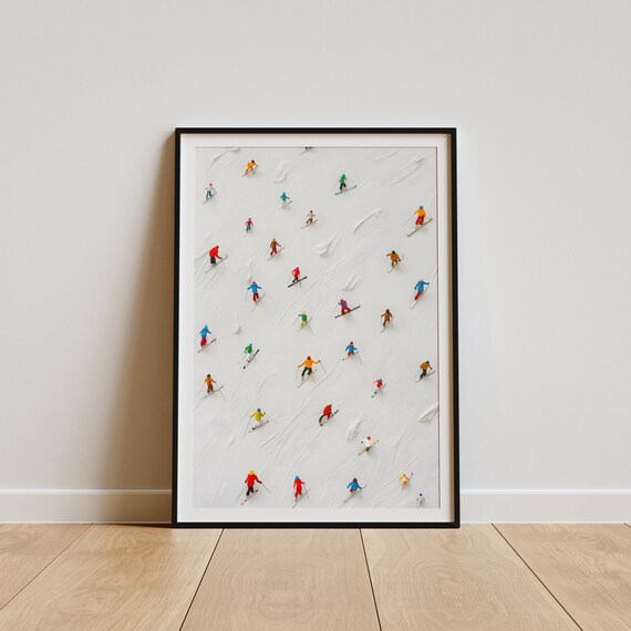 Tiny Colorful Skiers Minimalist Winter Sports Snow Scene Poster