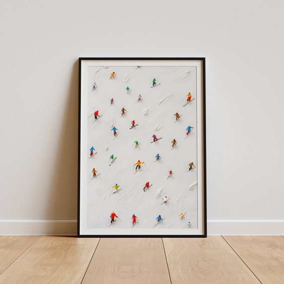 Winter Sports Skiing Wall Art Poster Colorful Skiers On Snowy Mountain Print Ski Lodge Decor