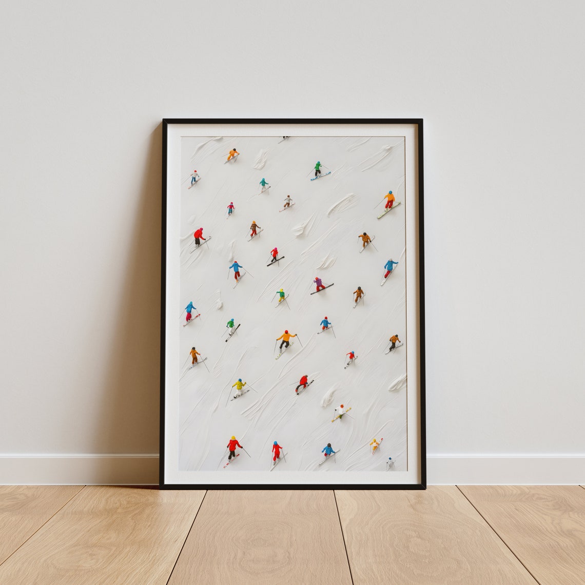 Tiny Colorful Skiers Minimalist Winter Sports Snow Scene Poster