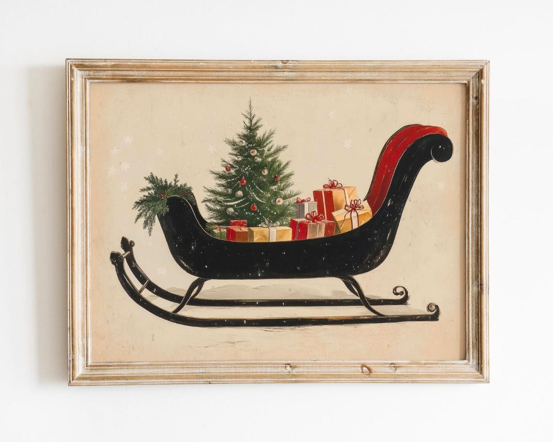 Vintage Black Sleigh Loaded With Gifts And Christmas Tree Poster