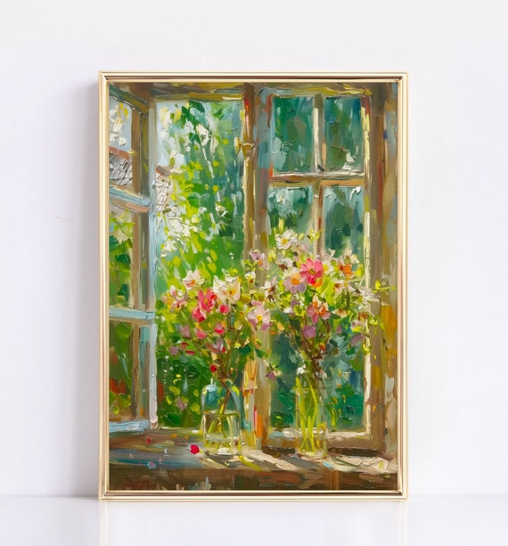 Vintage Wildflowers In The Window Print Moody Spring Decor Farmhouse Print Neutral Wall Art Summer Art