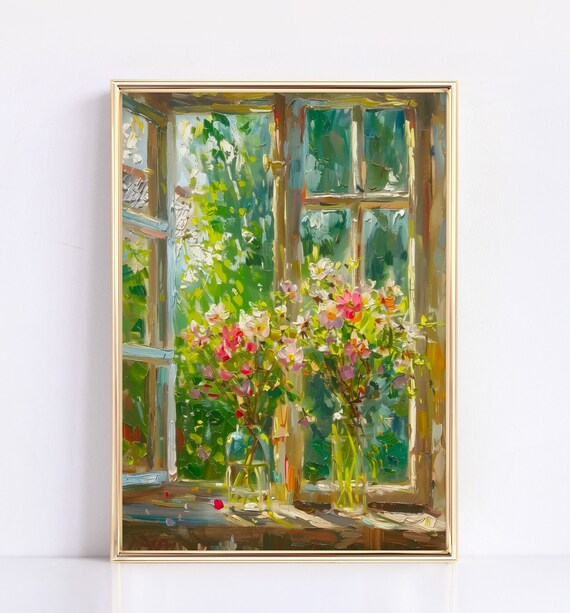 Wildflower Bouquets on Sunny Windowsill Impressionist Floral Painting Poster