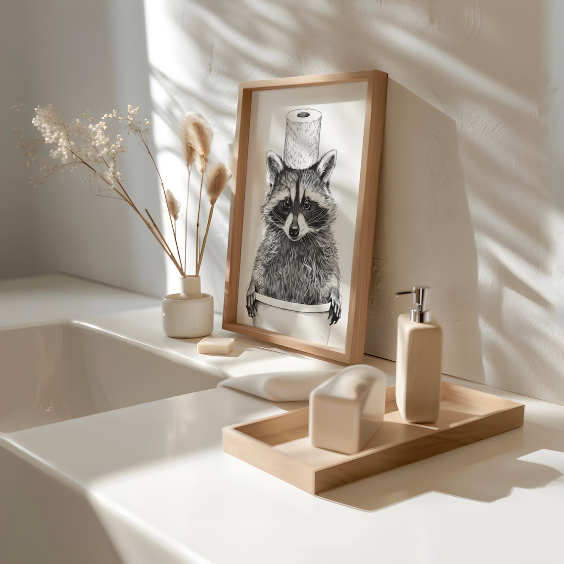 Raccoon in Toilet with Toilet Paper Black White Funny Bathroom Poster - Image 2