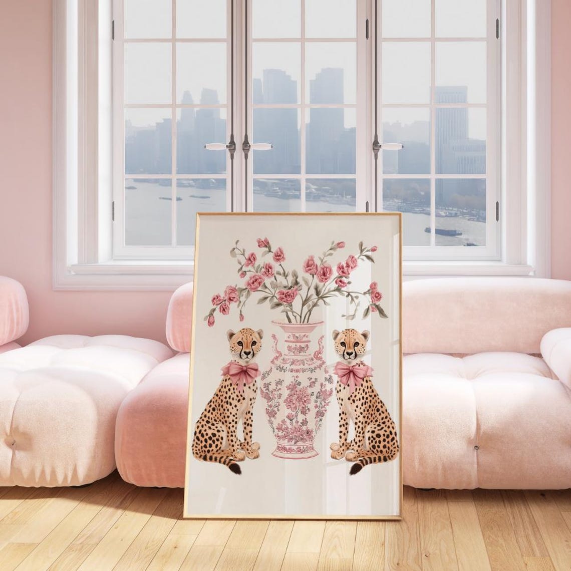 Pink Chinoiserie Vase with Cheetahs and Roses Girly Nursery Print - Image 4