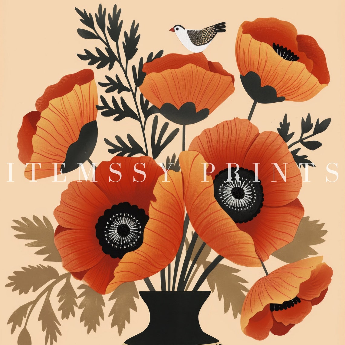 Orange Poppies In Folk Style Vase Modern Botanical Illustration Poster - Image 2