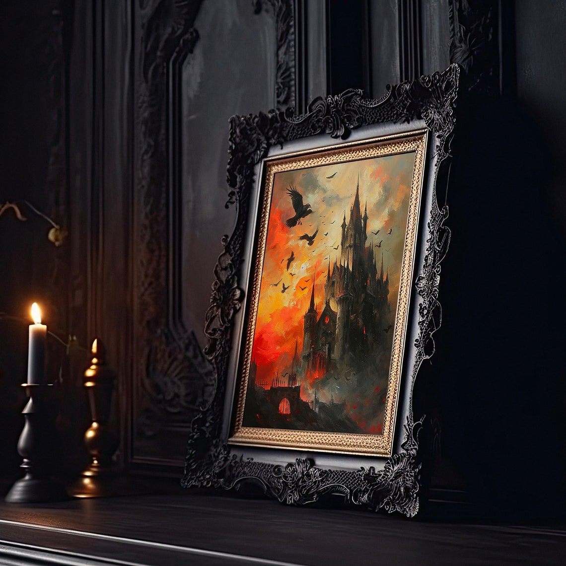 Gothic Castle With Crows Blazing Sunset Sky Dark Fantasy Poster - Image 2