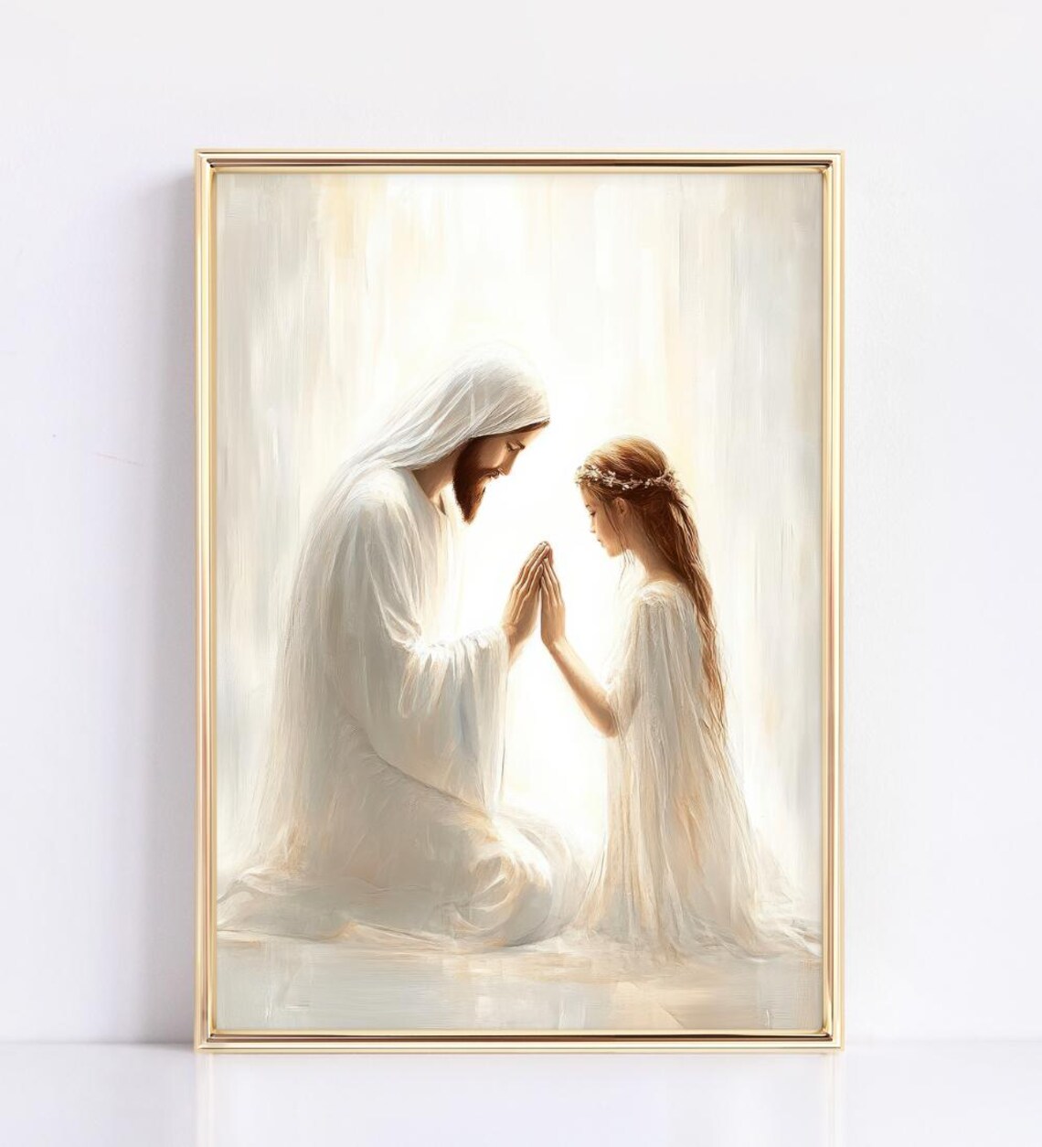 Jesus Kneeling In Prayer With Young Girl In White Light Poster - Image 4
