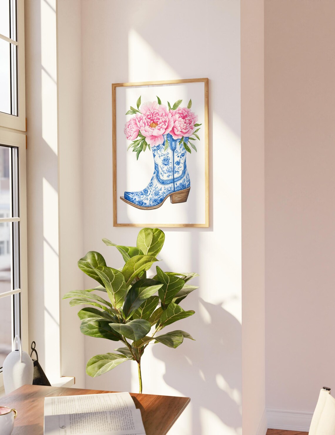Chinoiserie Cowboy Boot Pink Peonies Floral Western Art Poster - Image 2